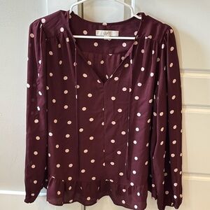 LOFT Maroon and Pink Polka Dot Blouse